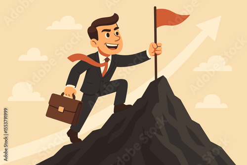 Businessman conquers mountain summit, symbolizing career growth and success. Leader reaching the top with a flag. Metaphor for ambition, achievement, goals, and determination.