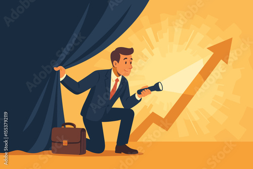 Businessman Revealing Hidden Opportunities for Growth, Shining Light on Success, Discovering Profitable Pathways, Financial Progress, Upward Arrow, Motivation, Vision, Vector Illustration