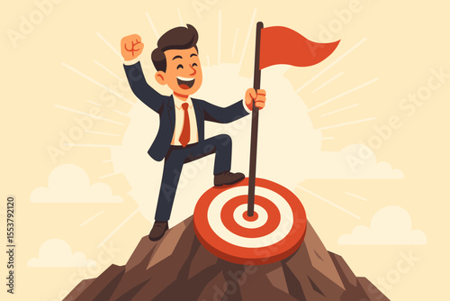 Successful businessman celebrating achievement, standing on mountain peak target with victory flag, goal accomplishment, leadership, ambition, motivation, business success concept illustration