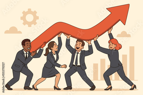 Diverse business team collaboration lifting upward arrow. Teamwork success, corporate growth, leadership, partnership, motivation, goal achievement. Cartoon vector illustration, office concept