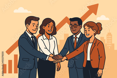 Diverse business team collaboration, group handshake, teamwork success, partnership, unity in achieving goals, professional cooperation, growth chart, corporate alliance, vector illustration