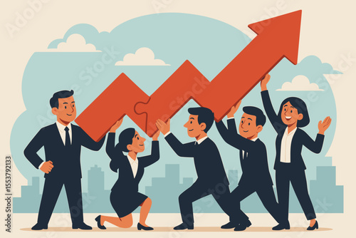 Teamwork for business success. Diverse team connecting puzzle arrow for growth and achievement. Concept of collaboration, strategy, partnership, and corporate goal. Vector cartoon.