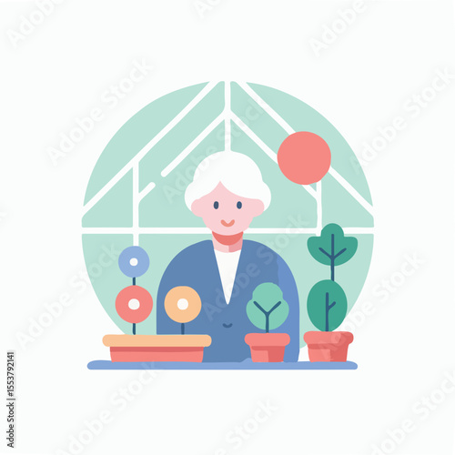 Elderly woman smiling while gardening in a greenhouse with plants  