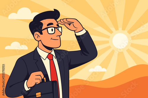 Ambitious Businessman Looking to Future Opportunity. Vector Illustration of Confident Entrepreneur in Suit with Briefcase Gazing at Sunrise Horizon. Success, Leadership, Vision, Career Growth Concept
