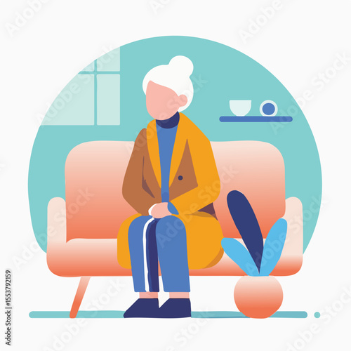 Elderly woman sitting on sofa indoors with a plant nearby  