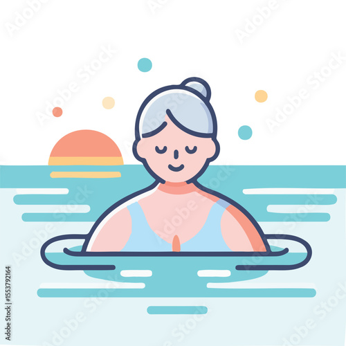 Elderly woman swimming peacefully in lake during sunset  