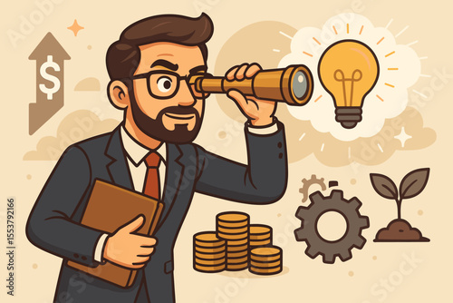 Visionary entrepreneur seeking innovative investment opportunities for business growth, profit, and industry transformation. Cartoon vector of businessman with telescope, ideas, money, and success