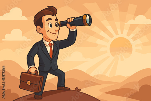Visionary businessman searching for new opportunities. Cartoon entrepreneur in suit with briefcase and telescope looking at sunrise horizon. Future planning, leadership, business growth concept vector