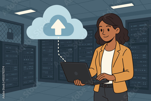 Businesswoman Uploading Data to Cloud Storage in Secure Server Room, Cloud Computing Technology, Data Backup, Cybersecurity, IT Professional, Modern Data Protection Vector Illustration