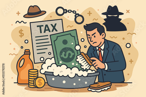 Money laundering and tax evasion concept. Corrupt businessman committing financial crime by washing illegal cash. Fraud, bribery, and offshore corruption vector cartoon illustration.
