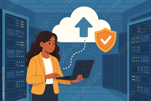 Businesswoman using laptop to backup data to secure cloud storage in modern data center. Cloud computing, cybersecurity, data protection, secure server room, IT infrastructure vector illustration