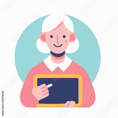 Elderly woman holding chalkboard and smiling with pastel background  