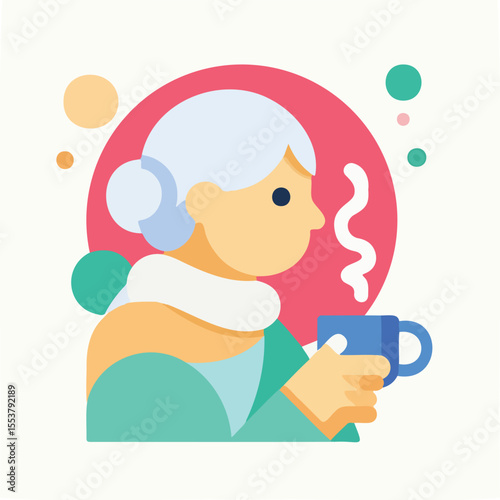 Elderly woman holding a cup of hot cocoa with a scarf indoors  