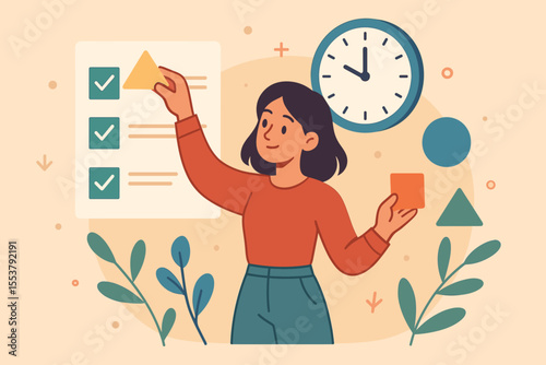 Woman Organizing Tasks with Geometric Shapes, Time Management, Productivity Checklist, Clock, Abstract Office Concept, Vector Illustration, Project Planning, Workflow, Modern Flat Design