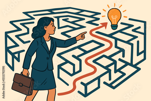 Businesswoman Navigating Maze for Strategic Problem Solving, Decision Making, Innovation, Career Success, Leadership, Finding Solutions, Complex Challenges, Vector Illustration Concept