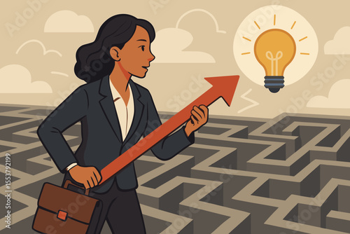 Businesswoman navigating maze with arrow, symbolizing strategic problem solving, leadership, decision making, innovation, finding solutions, overcoming challenges, complex business environment concept