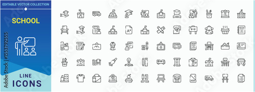 School icon set. Featuring class, college, student, university, diploma, education, graduation and more. Knowledge icon set. Outline icons pack. Editable vector illustration.