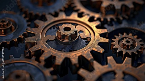 Intricate Rusty Gears and Cogs Mechanical Showcase of Industrial Bronze Technology and Metal Textures in Machinery Design