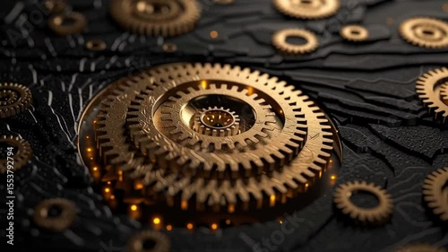 Intricate golden gears on dark textured background create captivating mechanical design, showcasing craftsmanship and innovation in every detail.