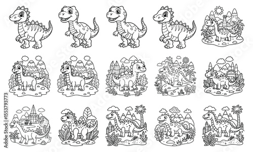 High-Quality Dinosaur Doodle Land Coloring Page for Kids, Detailed Line Art Design for Relaxation and Stress Relief, Ideal for Kid Coloring Books or Printable Art Therapy Activities, Beautiful Illustr