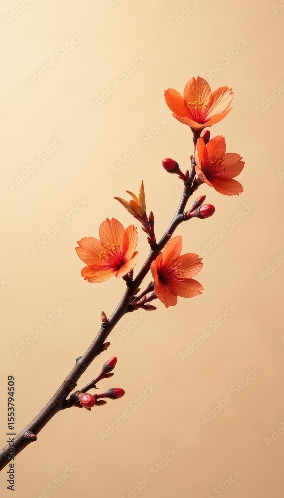 Delicate orange cherry blossom branch against beige backdrop, branch, nature Delicate orange cherry blossom branch against beige backdrop, branch, nature