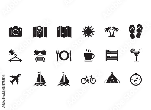 Black and White Travel Icons Set Depicting Holiday and Vacation Activities and Transportation Options for the Adventurous Tourist