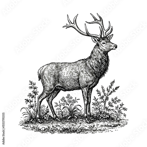 Majestic Stag Standing Proudly Amidst Lush Foliage A Timeless Wildlife Illustration with Intricate Details