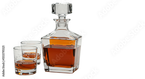 A sophisticated whiskey decanter with glasses on a sleek black background.