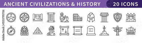Ancient Civilizations and History Icons Set, A set of 20 icons representing ancient civilizations and historical symbols, perfect for history, archaeology, and cultural projects.
