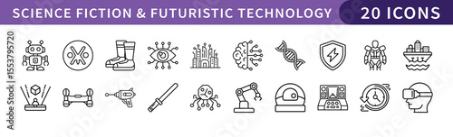 Science Fiction and Futuristic Technology Icons Set, A set of 20 icons representing science fiction and futuristic technology, perfect for sci-fi, innovation, and technology-related projects.
