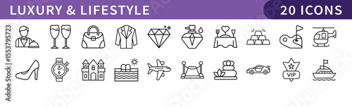 Luxury and Lifestyle Icons Set, A collection of 20 icons representing luxury and lifestyle, ideal for high-end fashion, exclusive experiences, and premium living projects.
