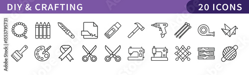 DIY and Crafting Icons Set, A set of 20 icons representing DIY and crafting tools, perfect for creative projects, handmade crafts, and artistic endeavors.
