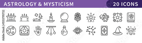 Astrology and Mysticism Icons Set, A collection of 20 icons representing astrology and mysticism symbols, perfect for spiritual, astrology, and metaphysical projects.
