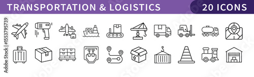 Transportation and Logistics Icons Set, A set of 20 icons representing transportation and logistics, perfect for shipping, supply chain, and travel-related projects.
