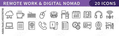 Remote Work and Digital Nomad Icons Set, A collection of 20 icons representing remote work and digital nomad essentials, ideal for work-from-home, freelance, and travel projects.
