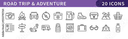 Road Trip and Adventure Icons Set, A collection of 20 icons representing road trips and adventure essentials, ideal for travel, exploration, and outdoor adventure projects.
