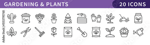 Gardening and Plants Icons Set, A set of 20 icons representing gardening tools, plants, and gardening activities, perfect for plant care, gardening, and outdoor projects.
