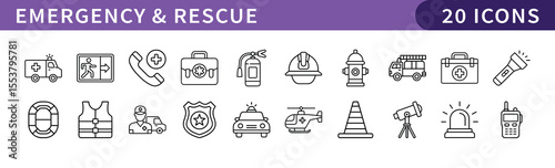 Emergency and Rescue Icons Set, A collection of 20 icons representing emergency and rescue services, including ambulances, first aid kits, rescue vehicles, and safety equipment.
