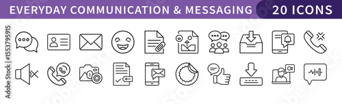 Everyday Communication and Messaging Icons Set, A collection of 20 icons representing everyday communication and messaging tools, including text messages, emails, calls, and social media.
