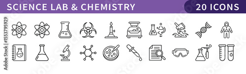 Science Lab and Chemistry Icons Set, A collection of 20 icons representing science lab and chemistry elements, including test tubes, microscopes, molecules, and lab equipment.
