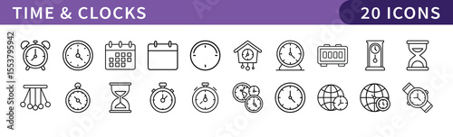 Time and Clocks Icons Set, A collection of 20 icons representing time and clocks, including hourglasses, calendars, alarm clocks, and watches.
