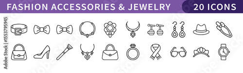 Fashion Accessories and Jewelry Icons Set, A set of 20 icons featuring fashion accessories and jewelry, including bags, shoes, rings, necklaces, and other stylish items.
