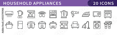 Household Appliances Icons Set, A collection of 20 icons representing household appliances, including kitchen gadgets, cleaning tools, and home essentials.

