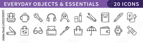 Everyday Objects and Essentials Icons Set, A collection of 20 icons representing everyday objects and essentials, including backpacks, headphones, pens, and accessories.
