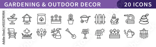 Gardening and Outdoor Decor Icons Set, A set of 20 icons showcasing gardening tools, plants, and outdoor decor elements such as fountains, planters, and garden accessories.
