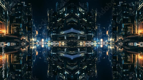 Wallpaper Mural Symmetrical futuristic cityscape at night with neon lights and mirrored reflections, cyberpunk urban aesthetic Torontodigital.ca