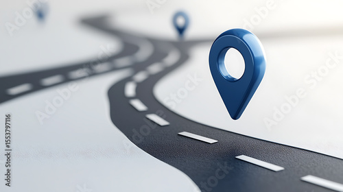Navigating the path forward, blue location pins marking potential destinations along a winding road. Planning a journey with purpose and direction.