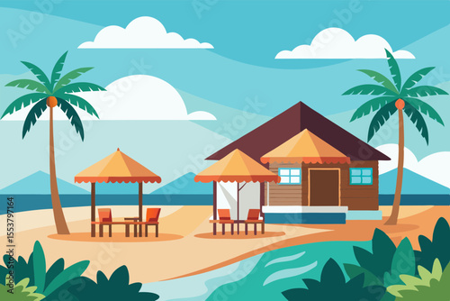 Tropical Beachfront Resort Vector with Palm Trees and Cabanas