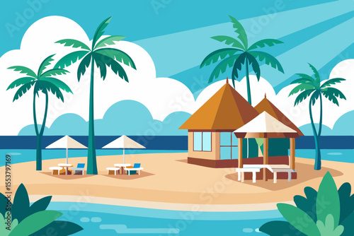 Exotic Beachfront Resort Vector with Palm Trees and Lounge Areas