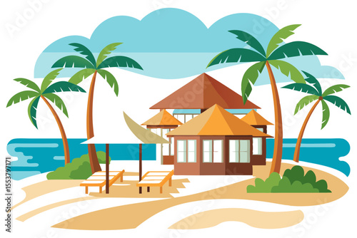 Scenic Beachfront Resort Illustration with Cabanas and Palm Trees